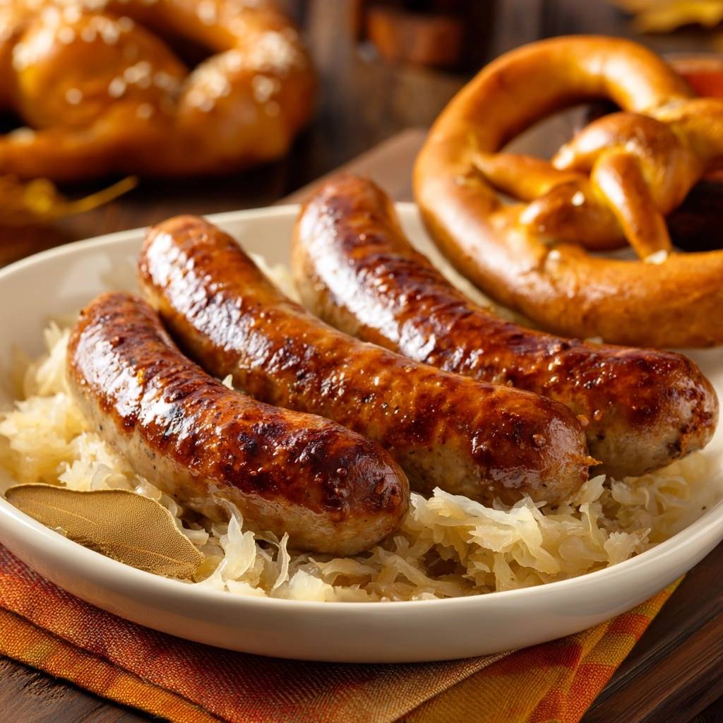 Herzhafte Bratwurst auf Sauerkraut serviert in einer weißen Schüssel, angerichtet mit knusprigen Brezeln im Hintergrund, eine deftige Mahlzeit.