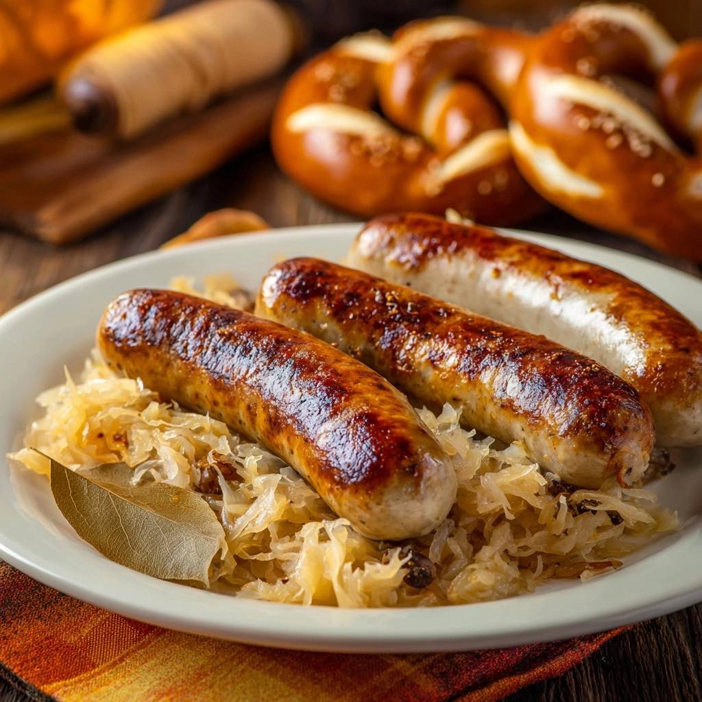 Herzhafte Bratwurst auf Sauerkraut, serviert auf einem Teller. Die Bratwürste sind goldbraun gebraten und liegen auf dampfendem Sauerkraut.