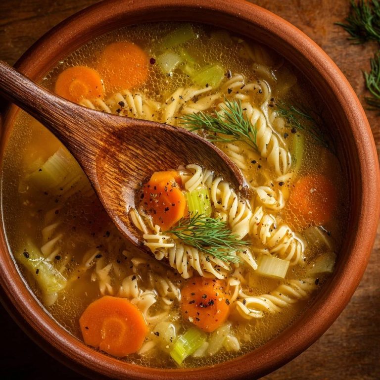 Herzhafte Gemüsesuppe mit Fusilli in einer rustikalen Schüssel, serviert mit einem Holzlöffel, der die Zutaten zeigt.