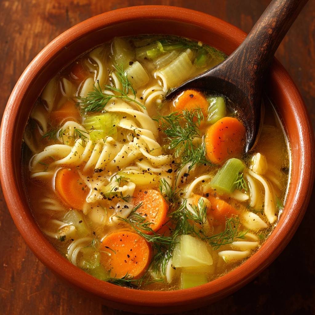 Herzhafte Gemüsesuppe mit Fusilli in einer rustikalen Schüssel, von oben betrachtet, mit frischen Kräutern und einer Holzkelle.