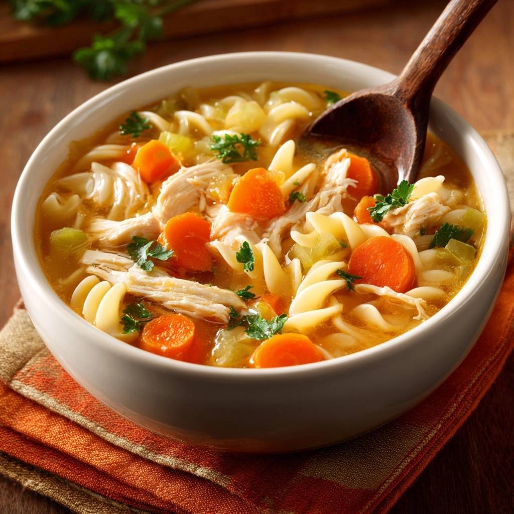 Herzhafte Huehnersuppe Mit Spiralnudeln Nahaufnahme 1 Herzhafte Hühnersuppe mit Spiralnudeln in einer Schüssel, detailreich mit Karotten, Nudeln und Hähnchen in Nahaufnahme. Ein köstliches, hausgemachtes Gericht.