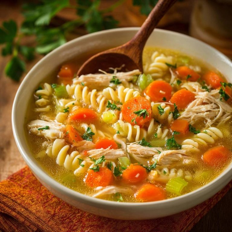 Herzhafte Hühnersuppe mit Spiralnudeln in einer Nahaufnahme, serviert in einer Schüssel mit einer hölzernen Suppenkelle. Die goldene Brühe ist mit Karotten, Huhn und Kräutern garniert.