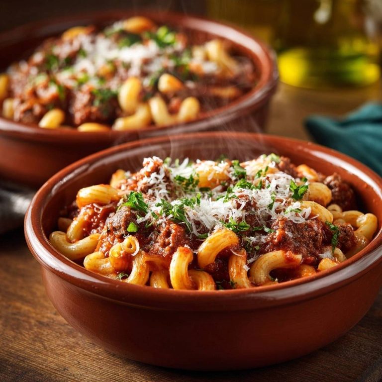 Herzhafte Pasta Bolognese, serviert in rustikalen Schalen, zeigt eine Nahaufnahme des dampfenden Gerichts, garniert mit frischer Petersilie und Parmesan.
