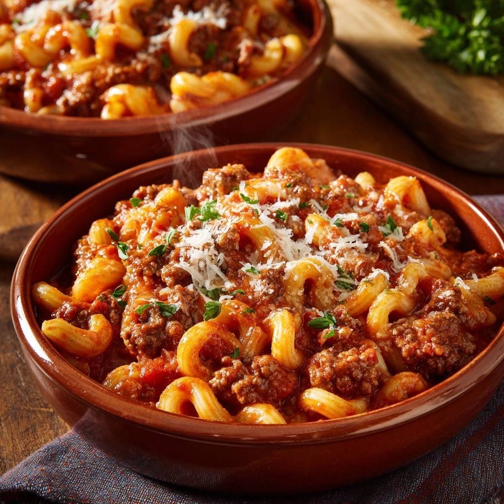 Herzhafte Pasta Bolognese Serviert 1 Herzhafte Pasta Bolognese serviert in einer rustikalen Schüssel, mit frisch geriebenem Parmesan und Kräutern garniert. Ein herzhaftes Gericht.