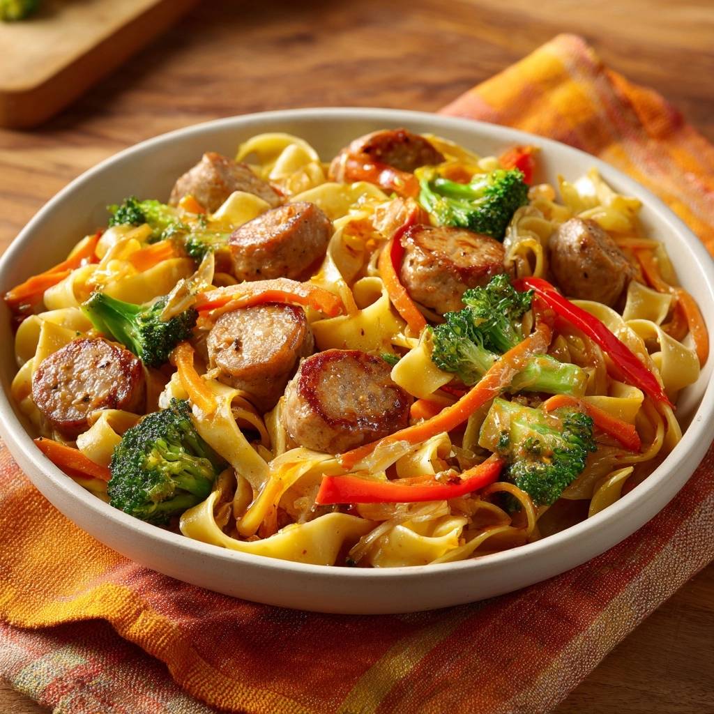 Herzhafte Pasta-Pfanne mit Bratwurst und Brokkoli in einer Schüssel, serviert mit frischem Gemüse und köstlicher Bratwurst, von oben betrachtet.