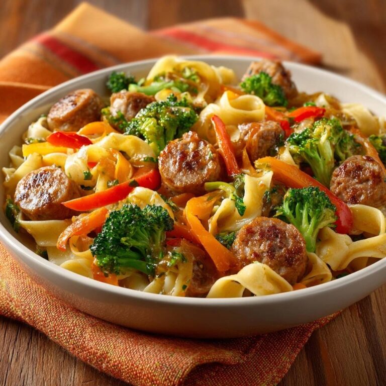 Herzhafte Pasta-Pfanne mit Bratwurst und Brokkoli in einer Nahaufnahme, die die Zutaten wie Bratwurst, Brokkoli und Paprika zeigt.