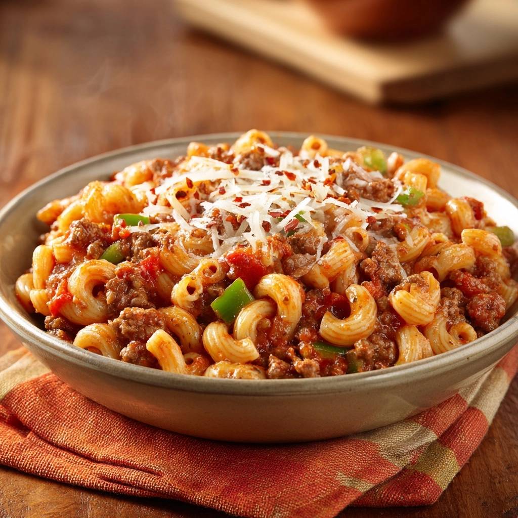 Herzhafte Pasta-Pfanne mit Rinderhack in einer Schüssel serviert, garniert mit Käse und Chiliflocken, dampfend auf dem Tisch.