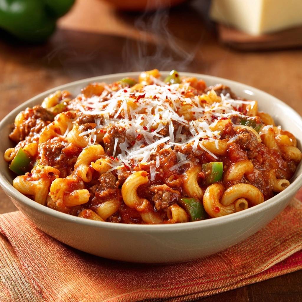 Herzhafte Pasta Pfanne Mit Rinderhack Nahaufnahme 1 Herzhafte Pasta-Pfanne mit Rinderhack in Nahaufnahme, dampfend heiß serviert und mit geriebenem Käse bestreut. Der herzhafte Genuss im Detail.