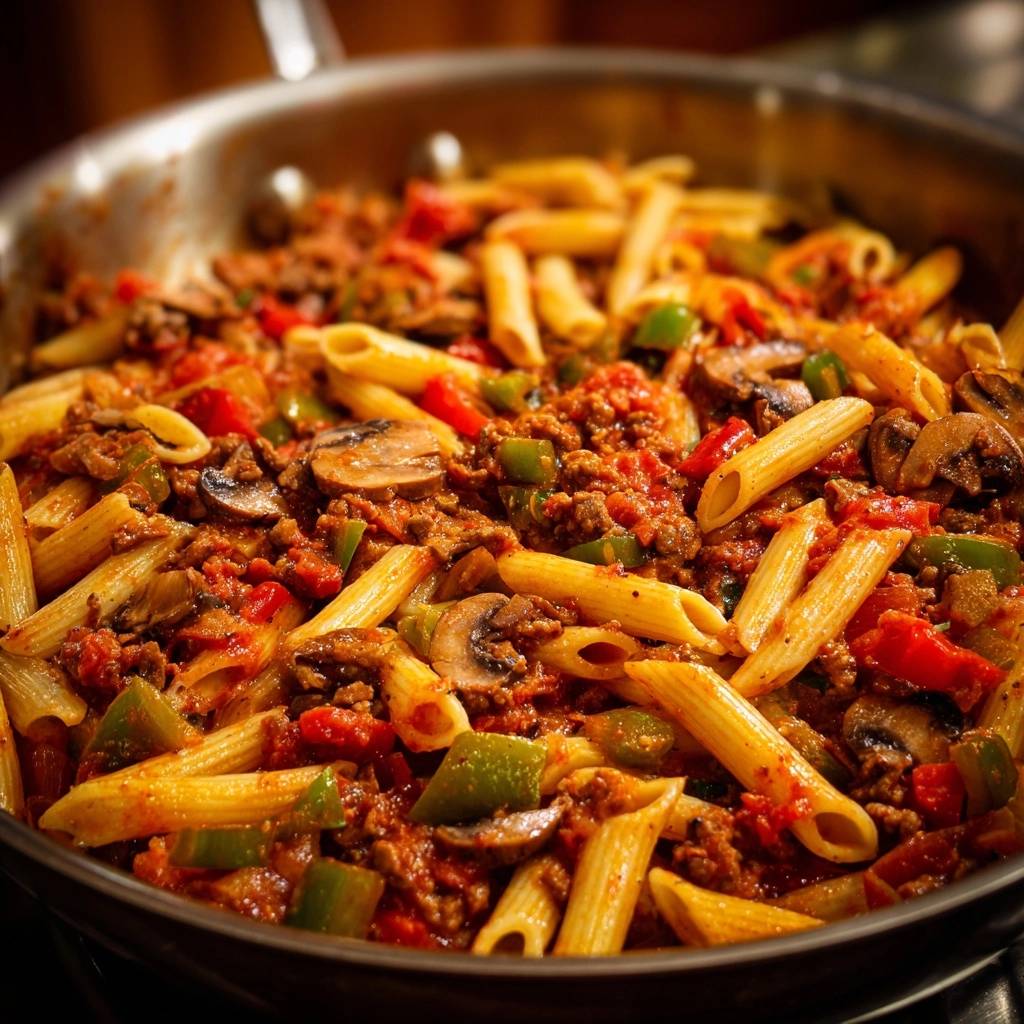 Herzhafte Penne-Pfanne mit Rinderhack und Pilzen in einer Pfanne von oben betrachtet, mit Tomaten, Paprika und Pilzen vermischt.
