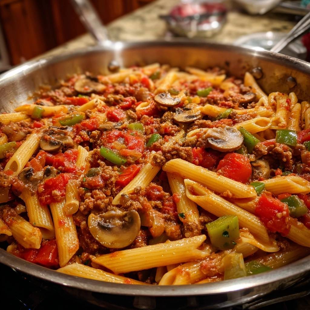 Herzhafte Penne-Pfanne mit Rinderhack und Pilzen in Nahaufnahme, dampfend in der Pfanne zubereitet. Die köstliche Pasta ist mit Hackfleisch, Tomaten und Pilzen bedeckt.