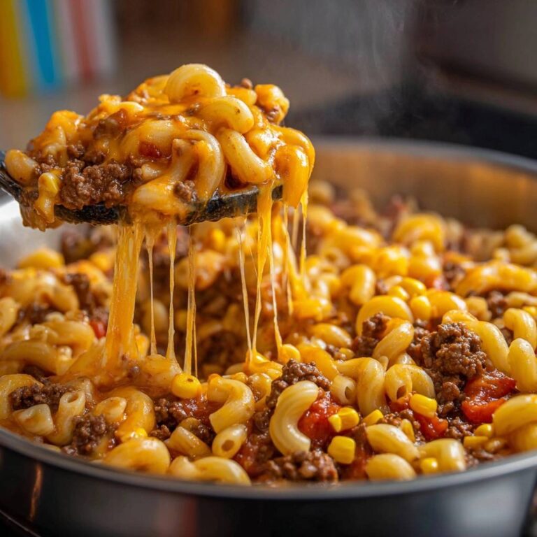 Herzhafte Rinder-Pasta-Pfanne mit geschmolzenem Käse, der sich in langen Fäden zieht, serviert in einer Pfanne als Detailaufnahme.