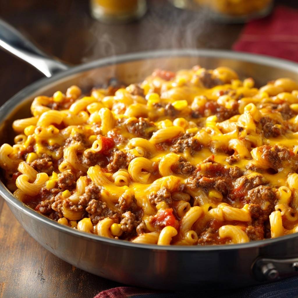 Herzhafte Rinder-Pasta-Pfanne in Nahaufnahme mit geschmolzenem Käse und dampfenden Aromen, die zum Genuss einladen.
