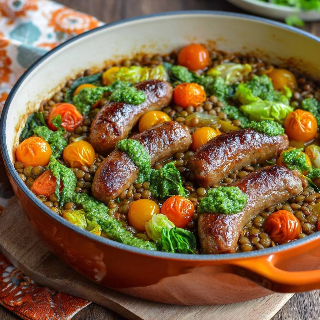 Herzhafte Wurst-Linsen-Pfanne, serviert in einer rustikalen Pfanne, mit knackigen Würstchen, Linsen, Tomaten und Kräuterpesto garniert.