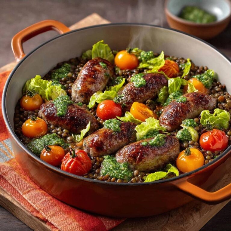 Herzhafte Wurst-Linsen-Pfanne, serviert in einer rustikalen Pfanne, garniert mit frischen Tomaten, Kräutern und knackigem Salat, perfekt für ein herzhaftes Essen.