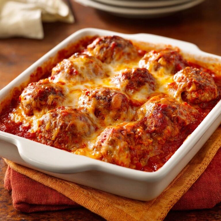 Herzhafter Fleischbällchen-Auflauf von oben betrachtet, geschmolzener Käse bedeckt die saftigen Fleischbällchen in reichhaltiger Tomatensauce.