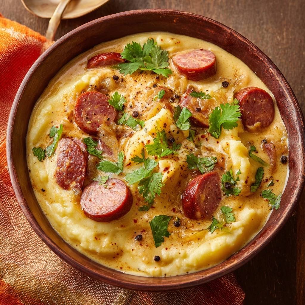 Herzhafter Kartoffel-Wurst-Topf, serviert in einer rustikalen Schüssel, garniert mit frischer Petersilie und schwarzen Pfefferkörnern. Ein köstliches Gericht.