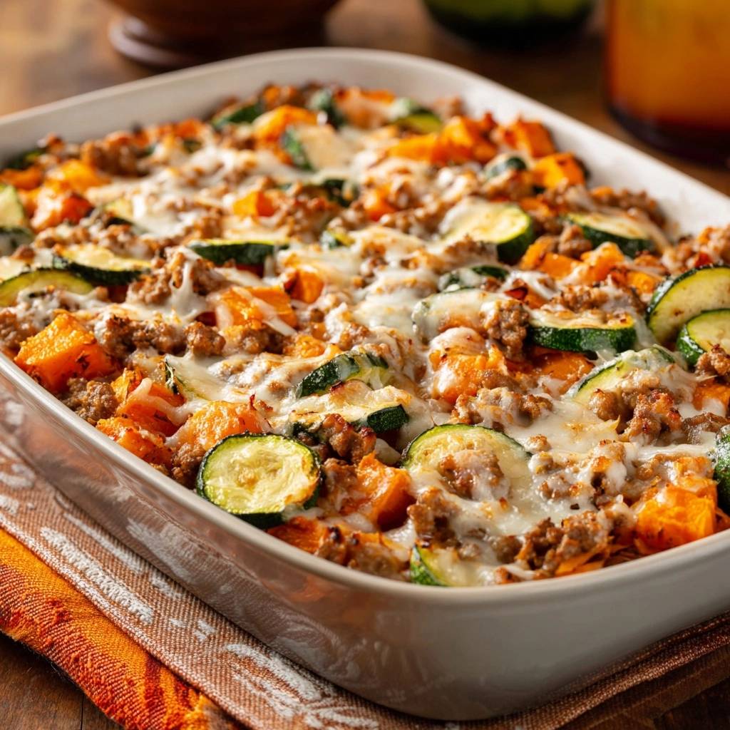 Herzhafter Kürbis-Zucchini-Auflauf, von oben betrachtet, mit geschmolzenem Käse, Zucchinischeiben und gebratenem Hackfleisch in einer Auflaufform.