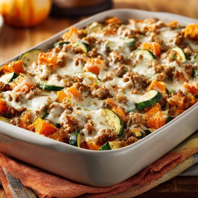 Herzhafter Kürbis-Zucchini-Auflauf, von oben betrachtet, präsentiert eine köstliche Kombination aus Gemüse, Hackfleisch und geschmolzenem Käse.