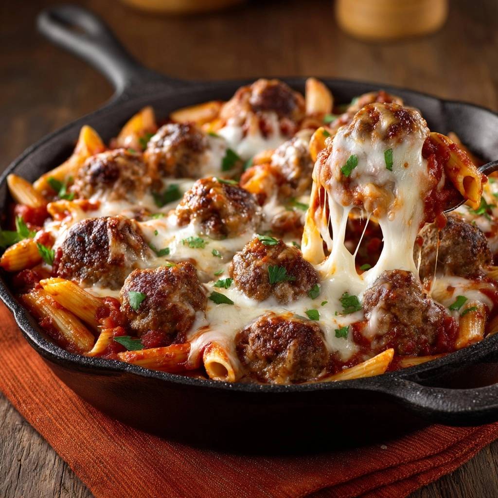 Herzhafter Penne-Auflauf mit Fleischbällchen, mit geschmolzenem Käse und einer Fleischbällchen-Portion, die auf einer Gabel gehalten wird. Der Käse zieht sich.