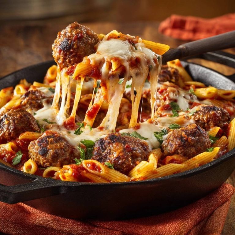 Herzhafter Penne-Auflauf mit Fleischbällchen, mit geschmolzenem Käse, der sich appetitlich zieht, serviert in einer heißen Pfanne.