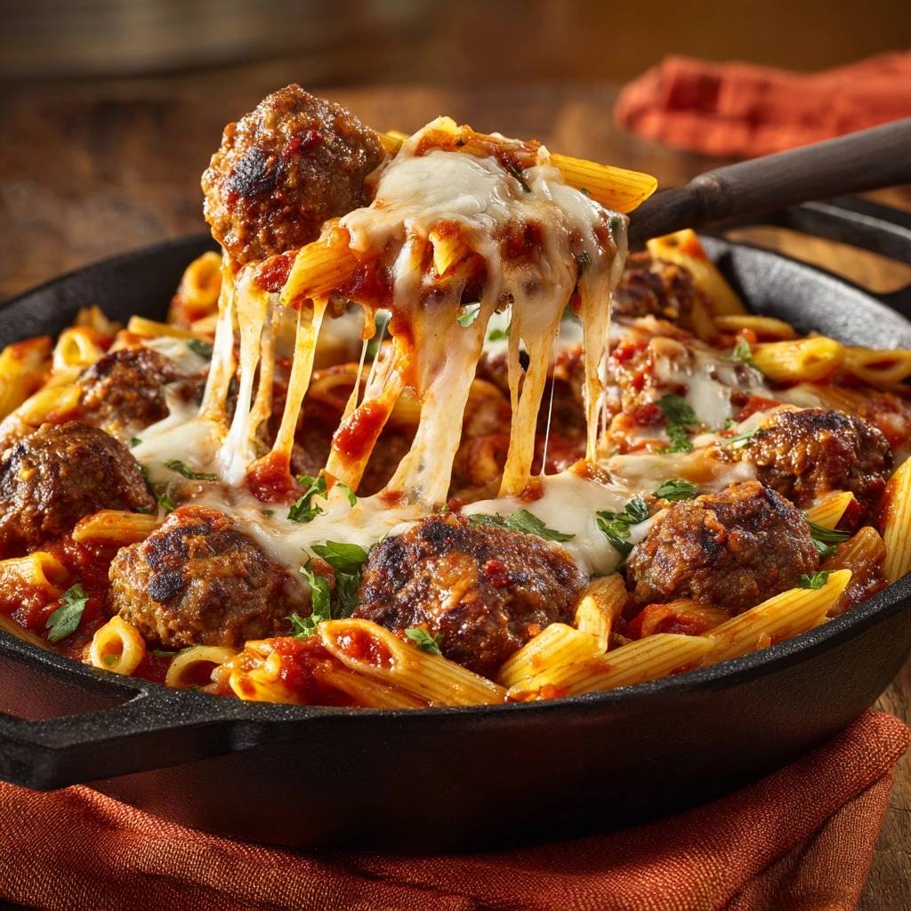 Herzhafter Penne-Auflauf mit Fleischbällchen, mit geschmolzenem Käse, der sich appetitlich zieht, serviert in einer heißen Pfanne.