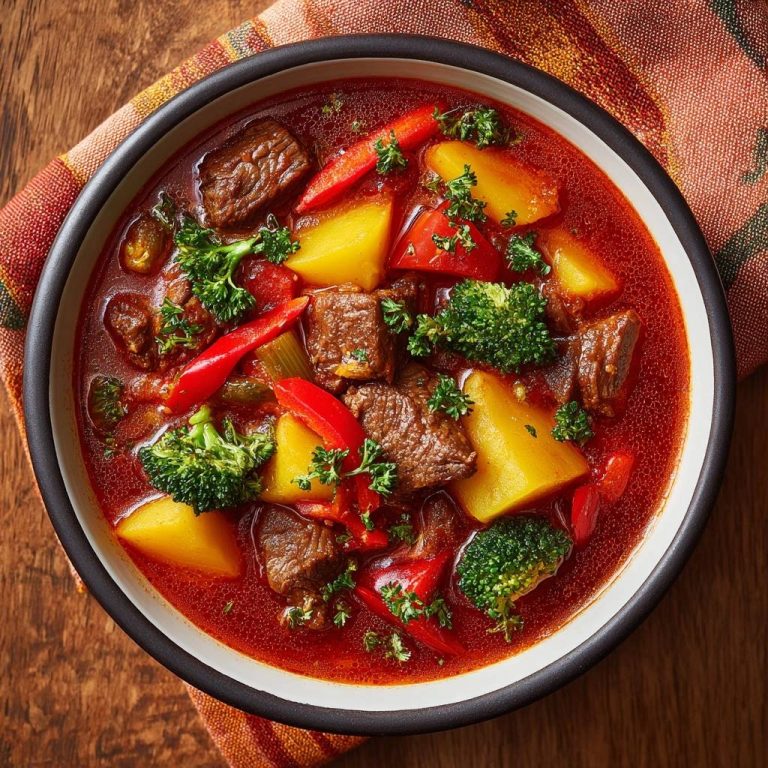 Herzhafter Rindfleisch-Eintopf in einer Schüssel von oben gesehen. Die herzhafte Suppe ist reich an Fleisch, Gemüse und Kräutern.