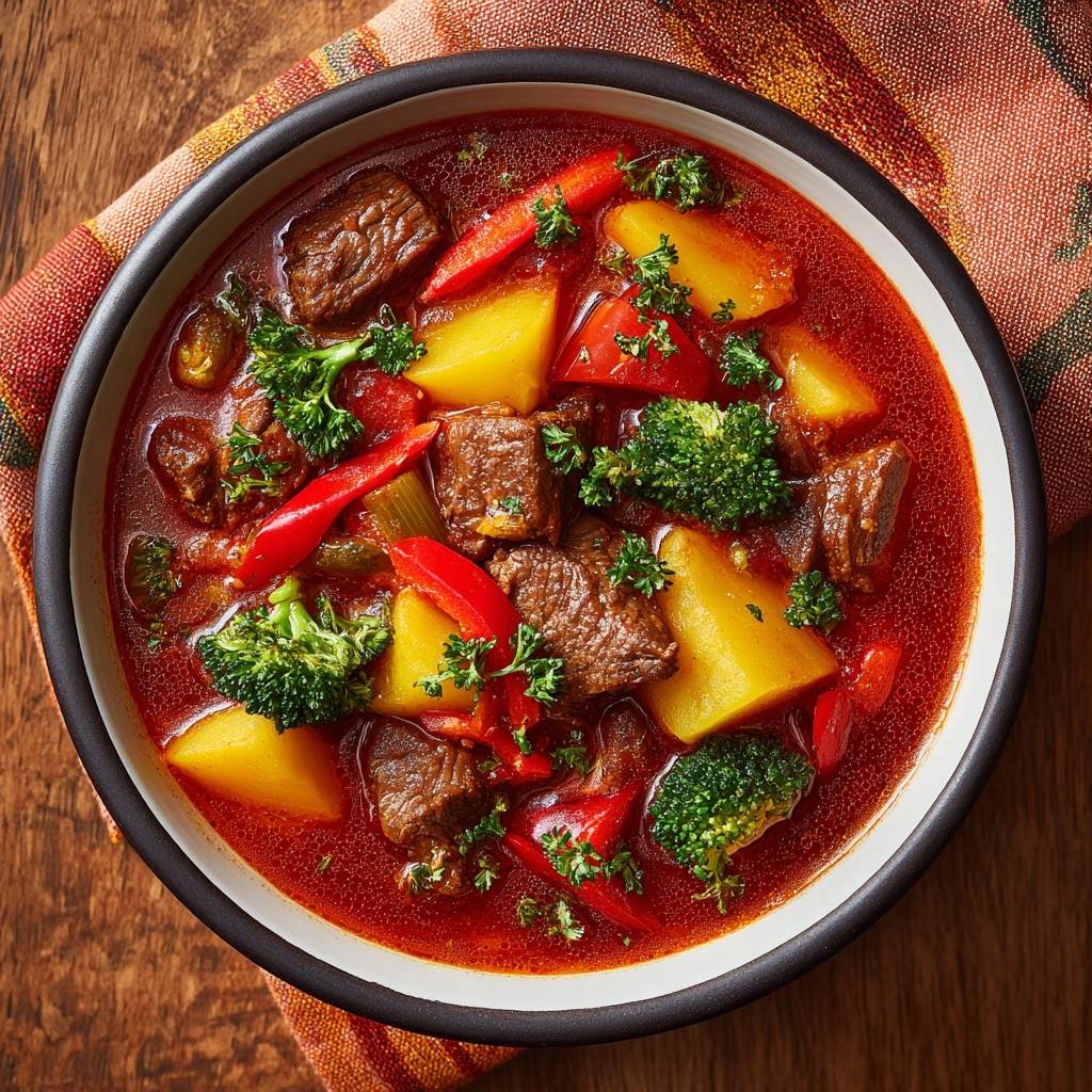 Herzhafter Rindfleisch-Eintopf in einer Schüssel von oben gesehen. Die herzhafte Suppe ist reich an Fleisch, Gemüse und Kräutern.