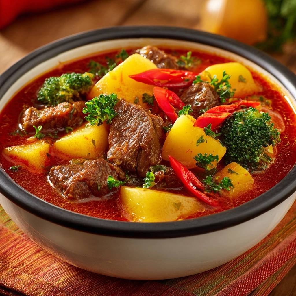 Herzhafter Rindfleisch Eintopf Nahaufnahme Serviert 1 Herzhafter Rindfleisch-Eintopf in einer Schüssel serviert, mit Kartoffeln, Brokkoli und roten Chilis garniert. Ein herzhaftes Gericht zum Genießen.