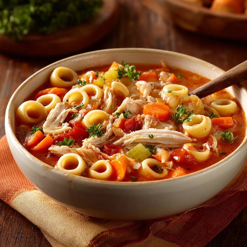 Herzhafter Tortellini-Hähnchen-Eintopf in einer Nahaufnahme, mit Nudeln, Karotten und frischen Kräutern garniert und serviert.