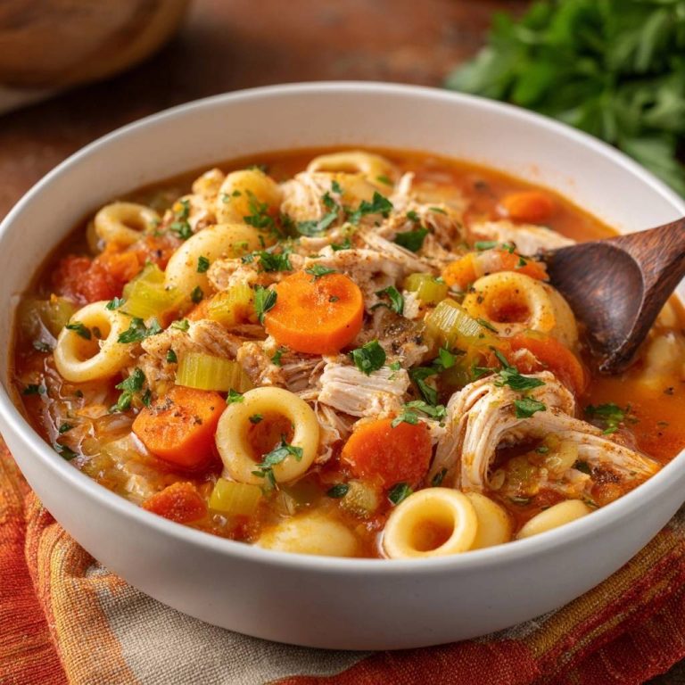 Herzhafter Tortellini-Hähnchen-Eintopf in Nahaufnahme, serviert in einer weißen Schüssel, mit Karotten, Sellerie und hausgemachten Nudeln.