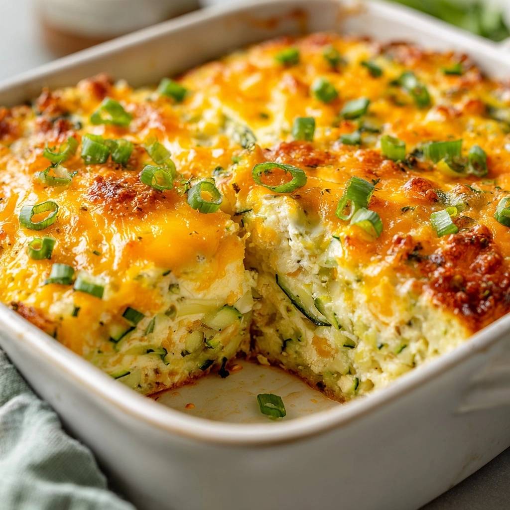 Herzhafter Zucchini-Käse-Auflauf zeigt einen Anschnitt, der die cremige Textur und die Zutaten wie Zucchini und Käse deutlich macht.