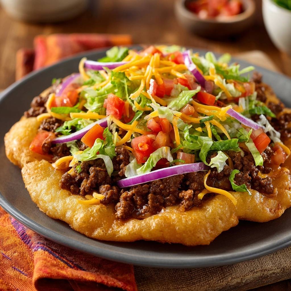 Herzhaftes Indian Frybread Taco, serviert auf einem grauen Teller mit frischen Zutaten wie Salat, Tomaten und Käse.