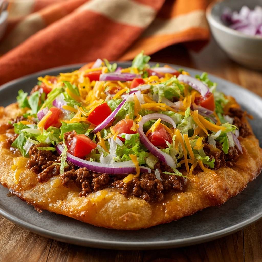 Herzhaftes Indian Frybread Taco, von oben betrachtet, belegt mit Hackfleisch, knackigem Salat, Tomaten, Zwiebeln und geriebenem Käse.