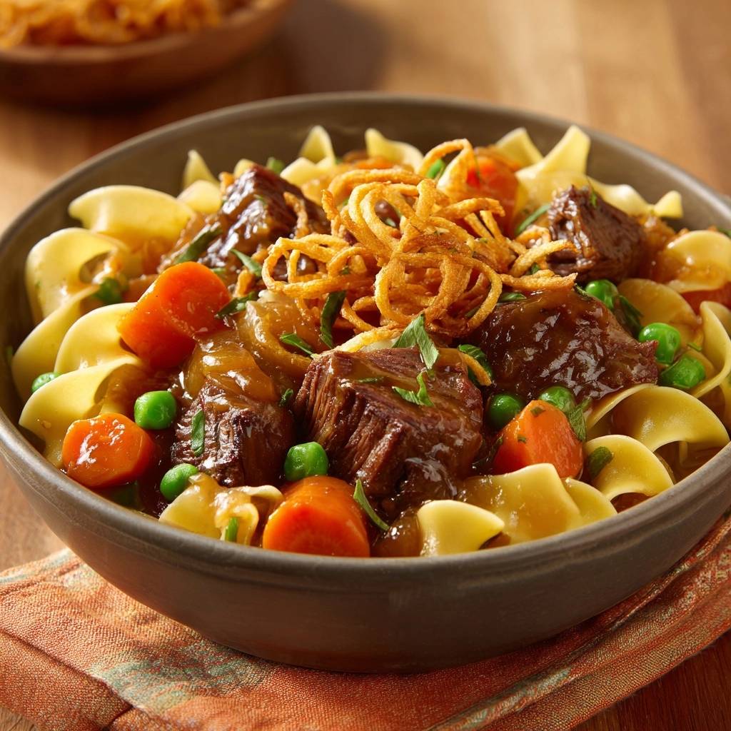Herzhaftes Rindergulasch Mit Eiernudeln Nahaufnahme 1 Herzhaftes Rindergulasch mit Eiernudeln in einer Nahaufnahme, serviert mit knusprigen Zwiebeln, Erbsen und Karotten.