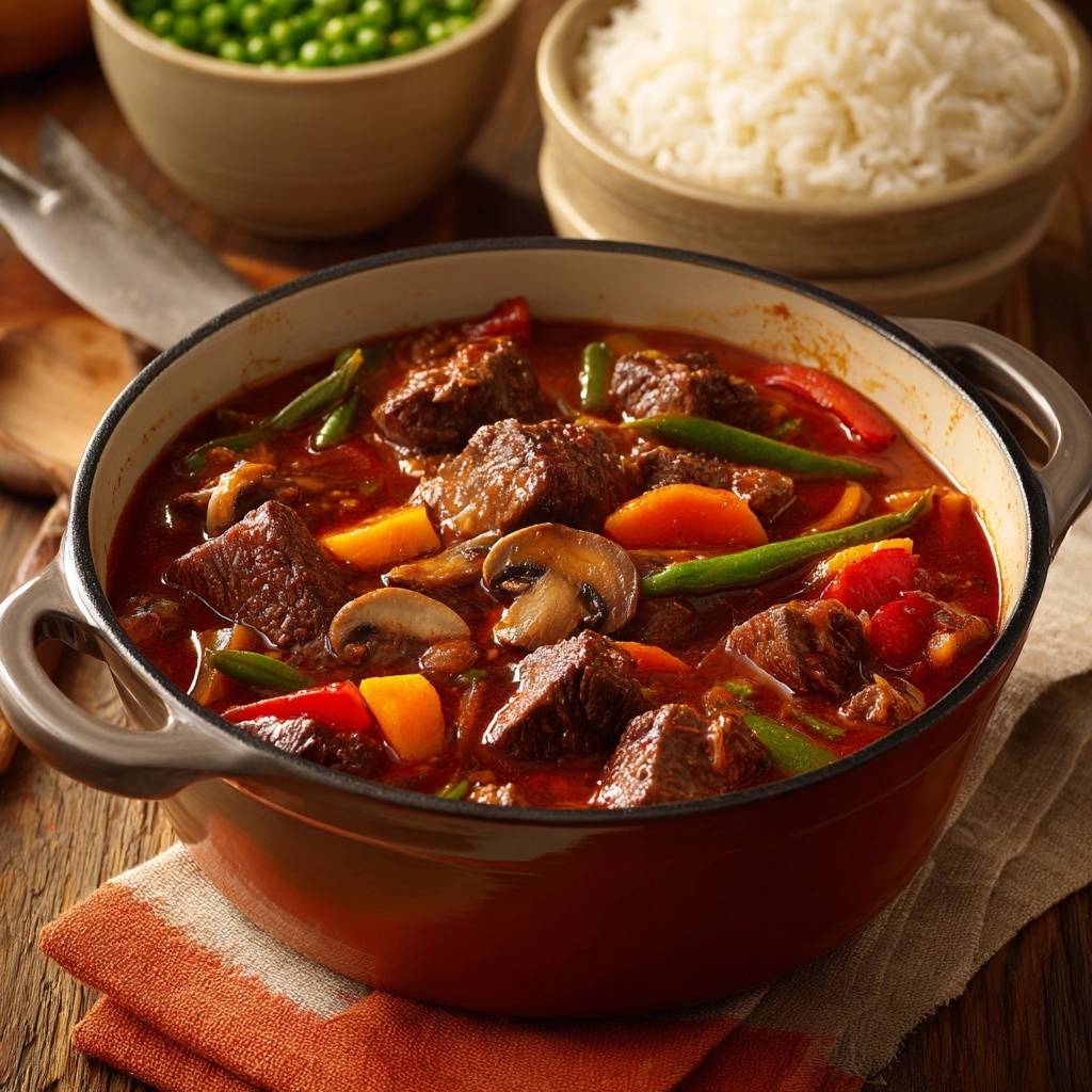 Herzhaftes Rindergulasch Mit Paprika Draufsicht 1 Herzhaftes Rindergulasch mit Paprika, serviert in einem Topf, mit Blick von oben. Das Gericht enthält Rindfleisch, Paprika, Pilze und Gemüse.