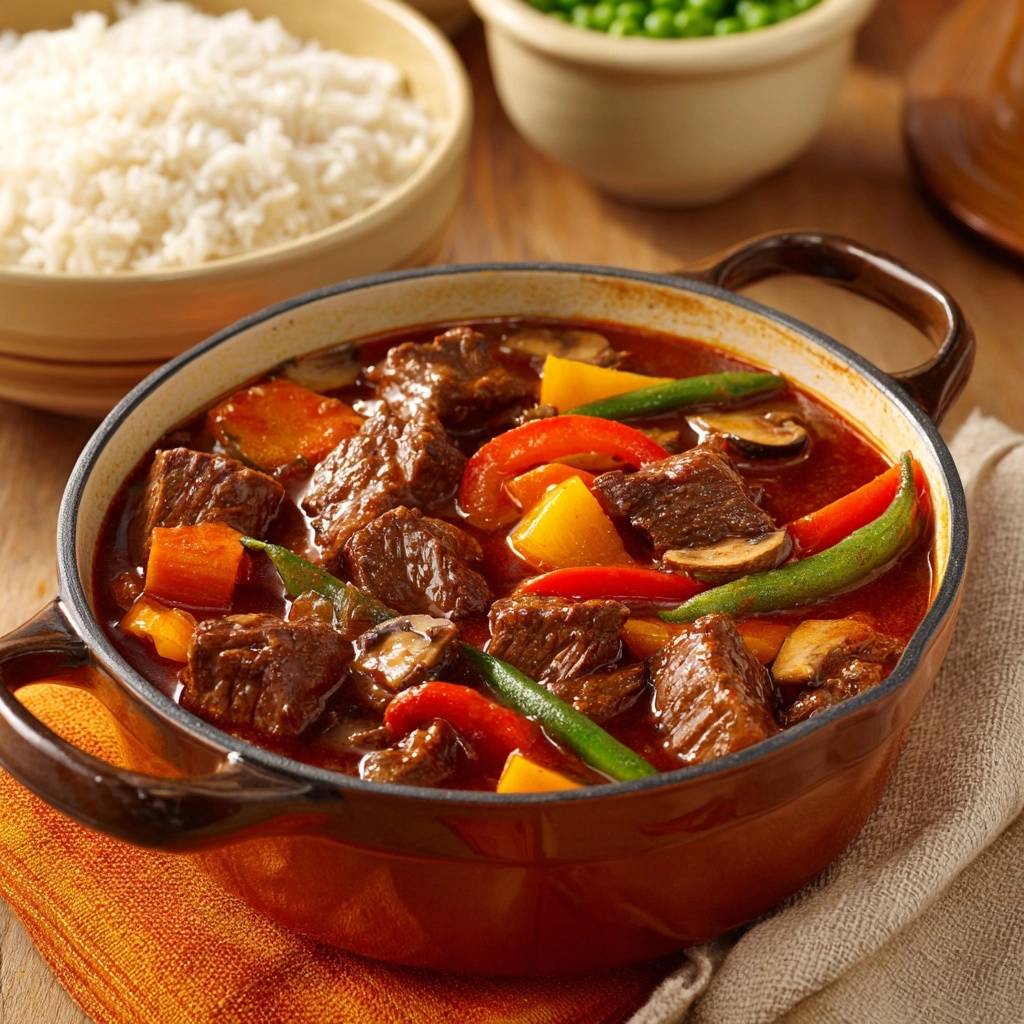Herzhaftes Rindergulasch mit Paprika in einer rustikalen Schüssel, serviert mit Reis und Erbsen, aufgenommen aus der Vogelperspektive.