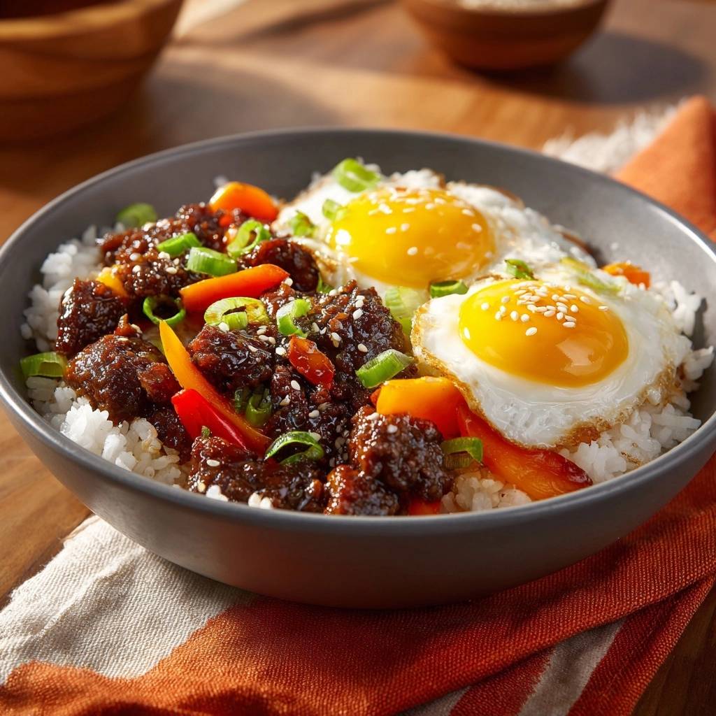 Herzhaftes Rindfleisch Stir Fry Mit Spiegelei Serviert 1 Herzhaftes Rindfleisch-Stir-Fry mit Spiegelei serviert in einer Schüssel, garniert mit frischen Frühlingszwiebeln und Sesamkörnern.