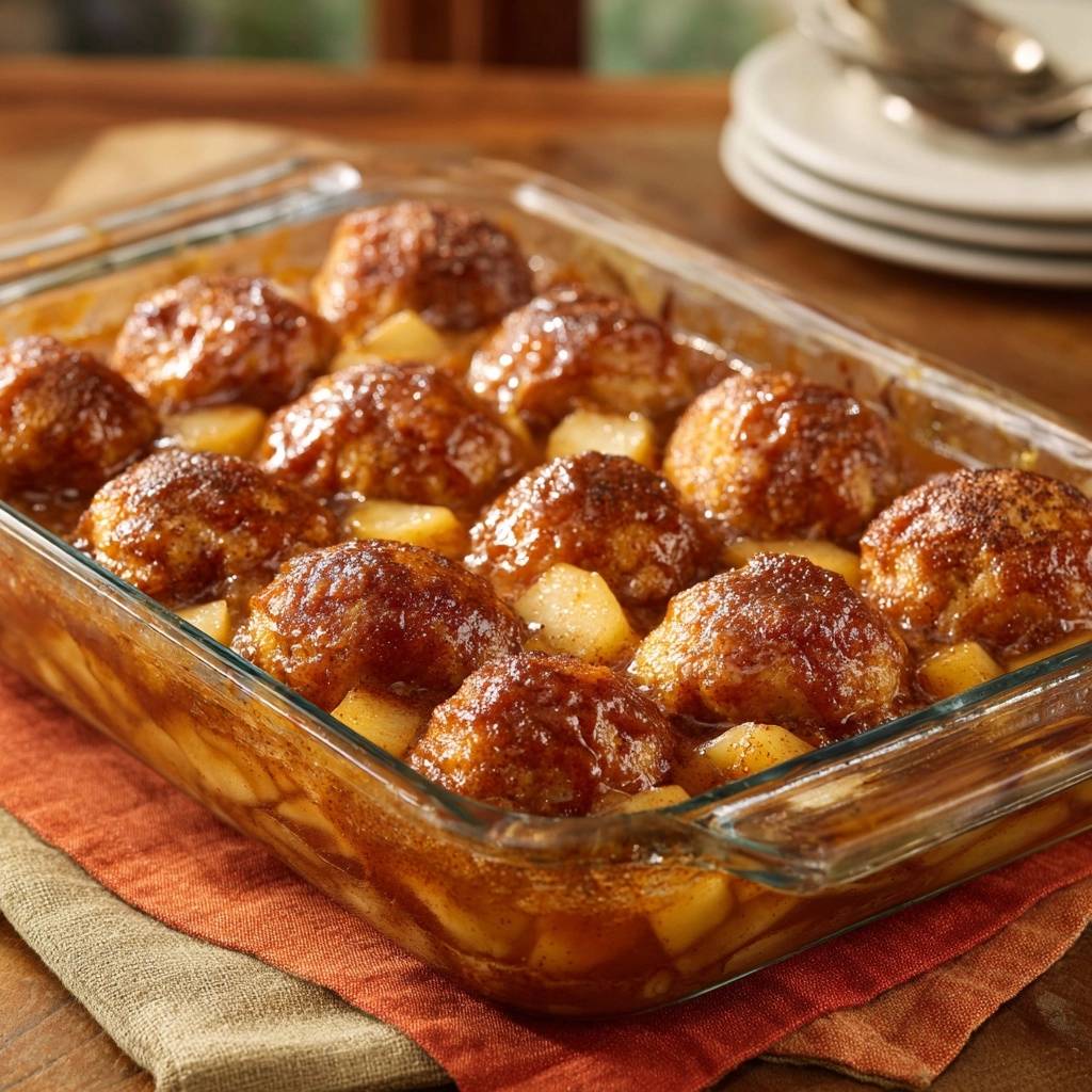 Karamellisierte Apfel Zimt Dumplings Draufsicht 1 Karamellisierte Apfel-Zimt-Dumplings in einer Auflaufform, von oben betrachtet. Die Zimt-Apfel Dumplings sind goldbraun gebacken.