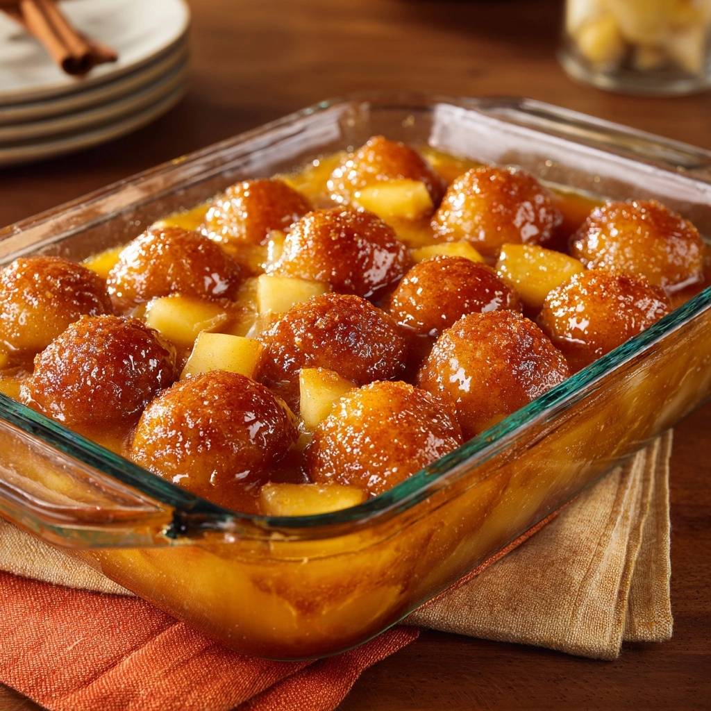 Karamellisierte Apfel-Zimt-Dumplings in einer Auflaufform, serviert mit Apfelstücken, draufsicht auf das goldbraune Dessert.