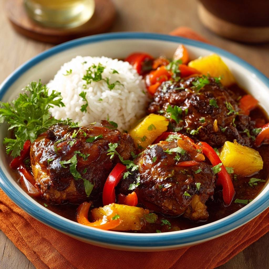 Karibisches Ananas-Hähnchen serviert in einer Schüssel mit Reis, Ananas-Stücken und Paprika, garniert mit frischer Petersilie.