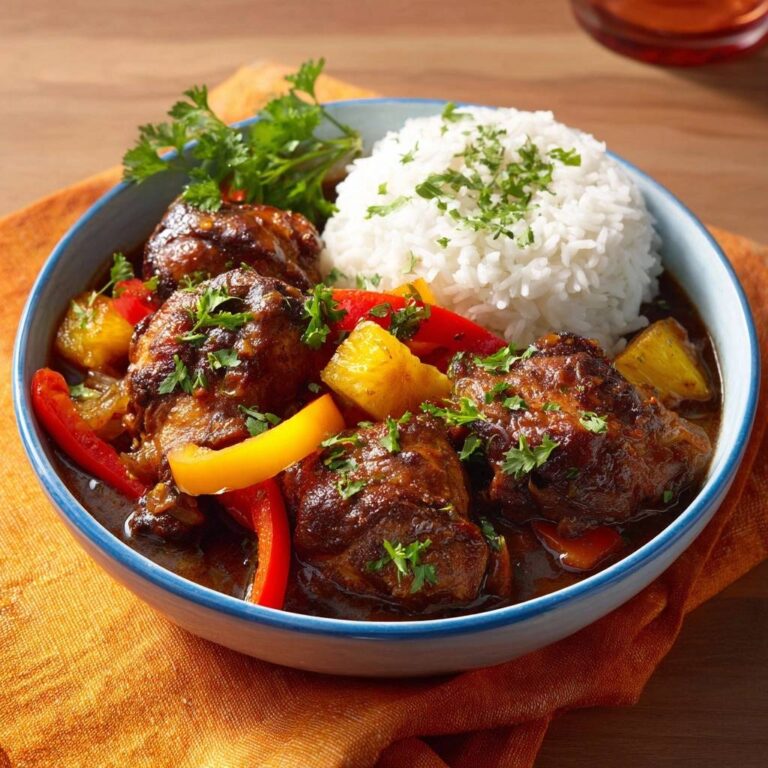 Karibisches Ananas-Hähnchen serviert in einer blauen Schüssel mit Reis, Ananas und Paprika, garniert mit frischer Petersilie.