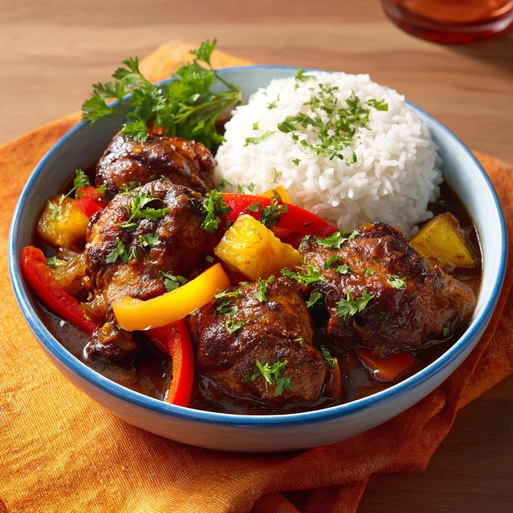 Karibisches Ananas-Hähnchen serviert in einer blauen Schüssel mit Reis, Ananas und Paprika, garniert mit frischer Petersilie.