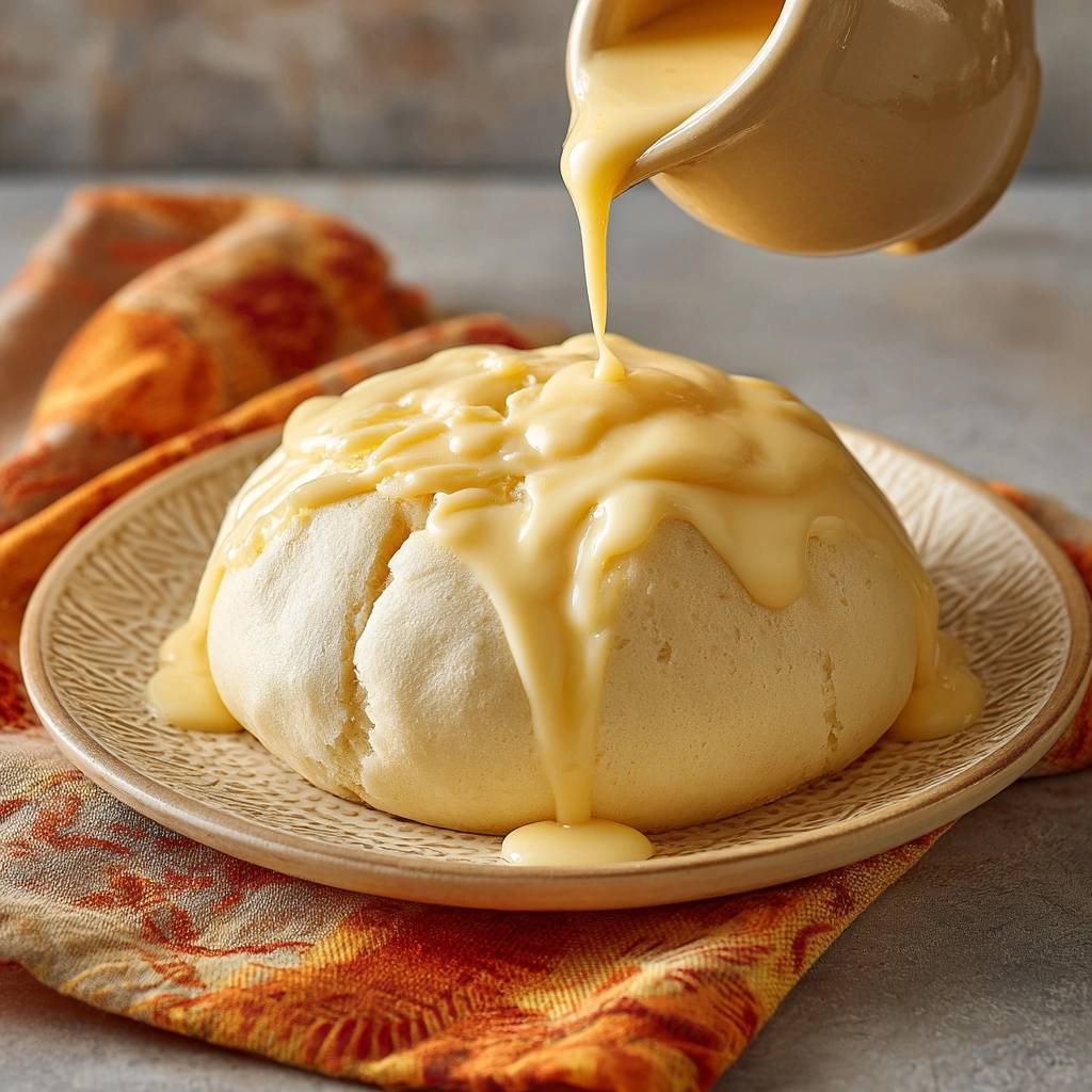 Klassische Dampfnudeln mit Vanillesauce, serviert auf einem Teller und übergossen mit cremiger Vanillesauce. Ein köstliches Dessert.