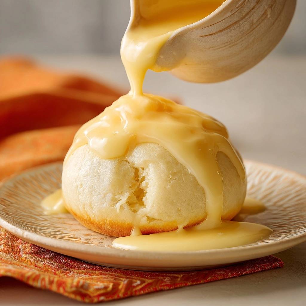 Klassische Dampfnudeln mit Vanillesauce werden mit cremiger Vanillesauce übergossen und auf einem Teller serviert. Ein köstliches Dessert.