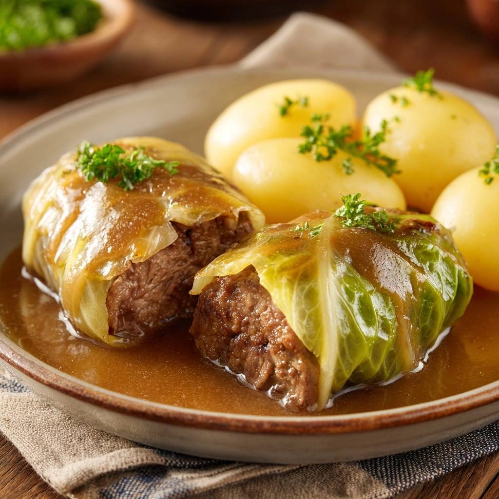 Klassische Kohlrouladen mit Salzkartoffeln: Ein Teller mit einer Kohlroulade im Querschnitt, serviert mit Salzkartoffeln und köstlicher Soße.