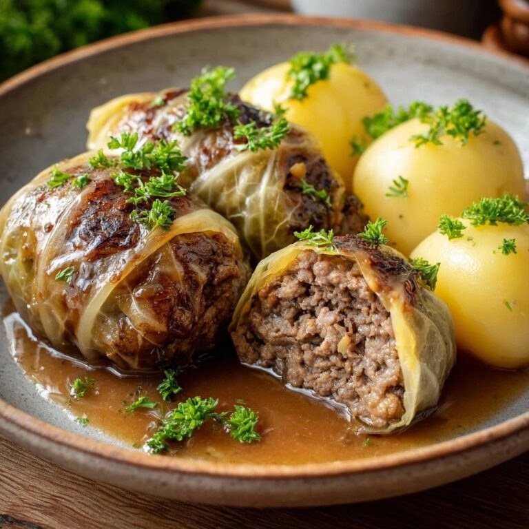 Klassische Kohlrouladen mit Salzkartoffeln: Nahaufnahme eines Kohlrouladen-Querschnitts, der das saftige Hackfleisch im Inneren zeigt.