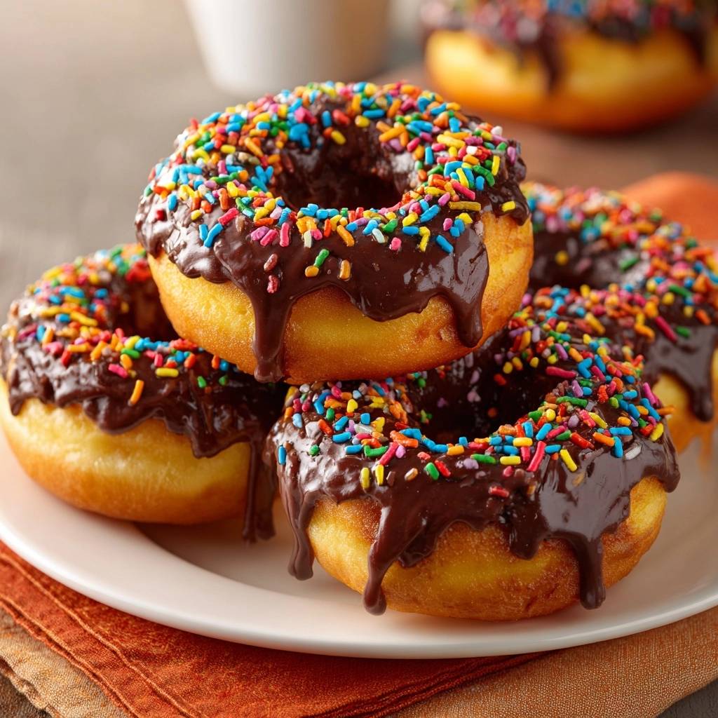 Klassische Schokoladen-Donuts in Nahaufnahme mit Schokoladenglasur und bunten Streuseln, serviert auf einem weißen Teller. Die Donuts sind frisch und fluffig.