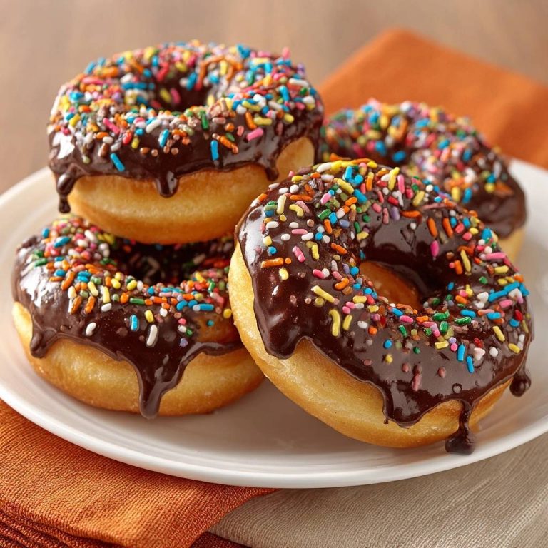 Klassische Schokoladen-Donuts in Nahaufnahme mit Schokoladenguss und bunten Streuseln, serviert auf einem weißen Teller. Ein süßer Genuss.