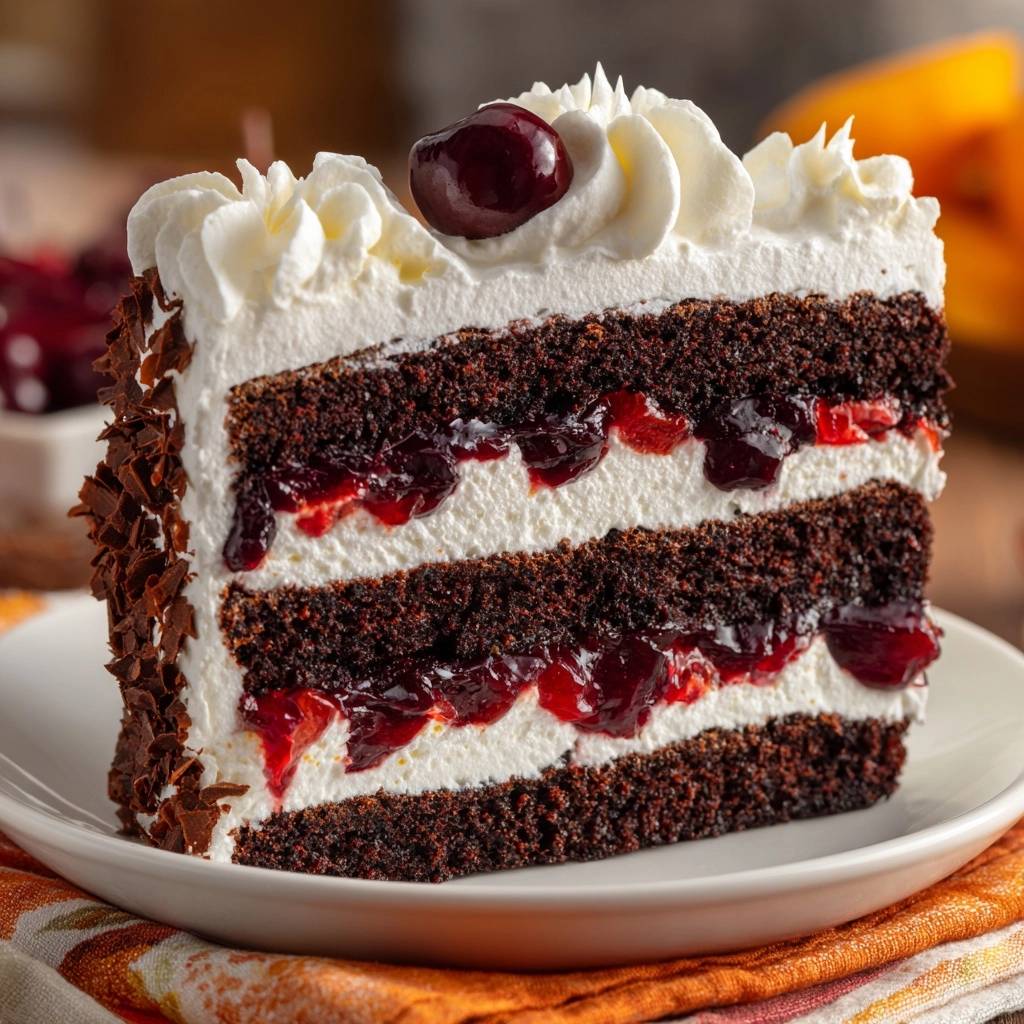 Klassische Schwarzwälder Kirschtorte zeigt einen detailreichen Querschnitt durch die Schichten aus Schokoladenkuchen, Kirschen und Sahne.