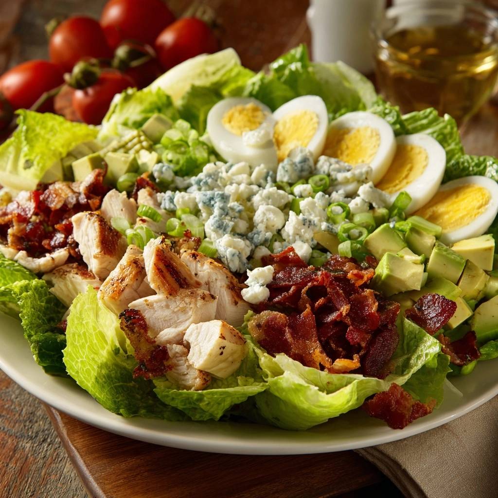 Klassischer Cobb Salad mit Grillhähnchen in einer Nahaufnahme von oben, mit frischem Salat, Speck, Eiern und Avocado serviert.